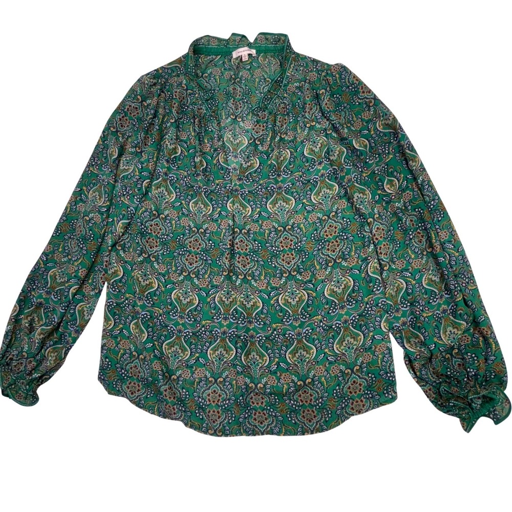 Max Studio Green Paisley Boho Peasant Blouse Womens Small Lightweight Top‎